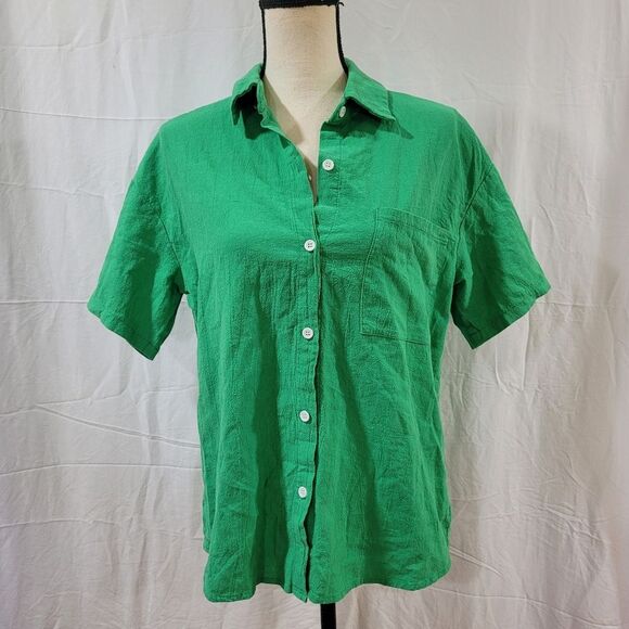 Shein size small womens green button up short sleeve shirt - Picture 1 of 5